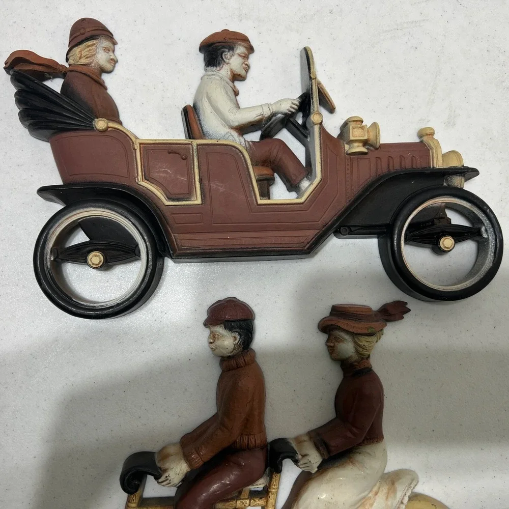 1975 Homco Wall‎ Hanging Plaques Plastic 7359 Automobile 7357 Tandem Bicycle